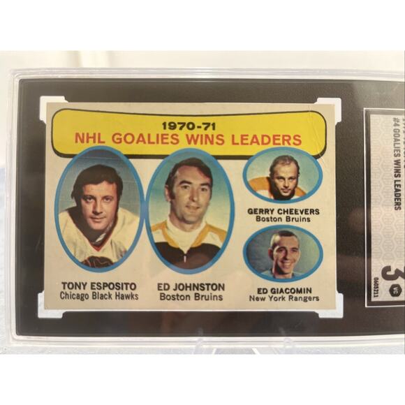 NHL Goalies Wins [Leaders] #4 Prices | 1971 Topps | Hockey Cards 1971-72 Topps NHL Goalies Wins Leaders #4 SGC GRADED Giacomin,Esposito,Cheevers